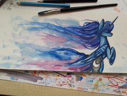 Size: 3264x2448 | Tagged: safe, artist:lunastyczna, princess luna, g4, eyes closed, female, high res, rearing, solo, traditional art, watercolor painting