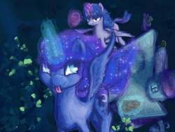 Size: 4000x3000 | Tagged: safe, artist:plotcore, princess luna, twilight sparkle, alicorn, pony, g4, female, flying, mare, tongue out, twilight sparkle (alicorn)