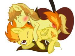 Size: 1024x768 | Tagged: safe, artist:princesslovelypony, braeburn, spitfire, g4, crack shipping, cuddling, female, hatless, hearts and hooves day, male, missing accessory, nuzzling, shipping, simple background, spitburn, straight, transparent background, vector