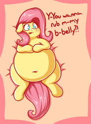 Size: 1560x2103 | Tagged: safe, artist:graphenescloset, fluttershy, pony, g4, belly, belly button, bellyrubs, big belly, blushing, dialogue, fat, fattershy, female, obese, offscreen character, on back, solo