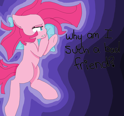 Size: 1024x953 | Tagged: safe, artist:jaidyn-fangtrap, pinkie pie, g4, crying, female, pillow, pinkamena diane pie, solo