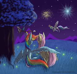 Size: 1855x1790 | Tagged: safe, artist:amandaam, discord, fluttershy, princess celestia, rainbow dash, firefly (insect), pegasus, pony, g4, american independence day, female, fireworks, hug, independence day, lesbian, night, ship:flutterdash, shipping, tree, winghug