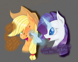 Size: 2457x1952 | Tagged: safe, artist:amandaam, applejack, rarity, earth pony, pony, unicorn, g4, dialogue, dirty, female, grooming, lesbian, ship:rarijack, shipping, simple background