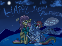 Size: 3279x2418 | Tagged: safe, artist:amandaam, fluttershy, rainbow dash, oc, oc:prisom, pegasus, pony, g4, clothes, female, glasses, grin, high res, lesbian, magical lesbian spawn, moon, new year, night, offspring, parent:fluttershy, parent:rainbow dash, parents:flutterdash, ship:flutterdash, shipping, shirt