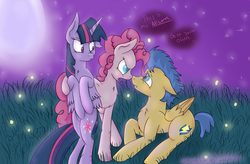 Size: 2581x1692 | Tagged: safe, artist:amandaam, flash sentry, pinkie pie, twilight sparkle, alicorn, firefly (insect), pony, g4, armpits, boop, female, floppy ears, frown, lesbian, mare, moon, night, nose wrinkle, noseboop, possessive, ship:twinkie, shipping, twilight sparkle (alicorn)