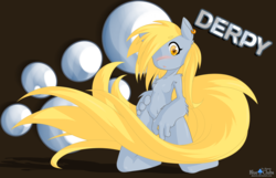 Size: 7000x4500 | Tagged: safe, artist:akaonic, derpy hooves, anthro, g4, :o, absurd resolution, barbie doll anatomy, belly button, blushing, breasts, bubble, female, fluffy, kneeling, solo