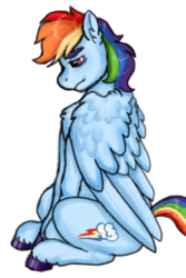 Size: 890x1334 | Tagged: safe, artist:graffiti, rainbow dash, g4, female, sad, simple background, solo