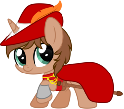 Size: 1130x998 | Tagged: safe, artist:lupulrafinat, oc, oc only, pony, unicorn, cape, chibi, clothes, cute, hat, looking at you, ocbetes, raised hoof, rapier, red mage, simple background, smiling, solo, sword, transparent background, weapon
