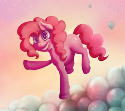 Size: 1947x1736 | Tagged: safe, artist:miss-cats, pinkie pie, g4, balloon, cheshire grin, female, grin, raised hoof, solo