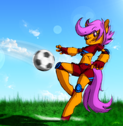 Size: 1752x1794 | Tagged: safe, artist:akaonic, scootaloo, anthro, g4, belly button, clothes, female, football, jersey, knee pads, midriff, short shirt, shorts, solo