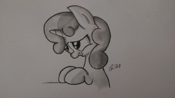 Size: 1024x579 | Tagged: safe, artist:chrispy248, sweetie belle, g4, female, filly, foal, monochrome, nervous, nervous smile, smiling, solo, traditional art