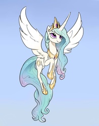Size: 1200x1527 | Tagged: safe, artist:viwrastupr, princess celestia, alicorn, pony, g4, curved horn, female, flying, gradient background, horn, mare, solo, spread wings
