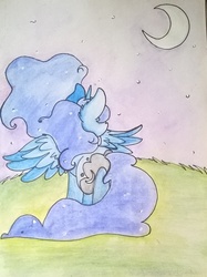 Size: 1221x1635 | Tagged: safe, artist:cutepencilcase, princess luna, g4, female, moon, night, rear view, solo, spread wings, traditional art