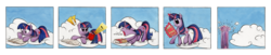 Size: 4870x1000 | Tagged: safe, artist:ecmonkey, twilight sparkle, pony, unicorn, g4, alarm clock, book, cloud, cloud walking spell, comic, falling, female, magic, on a cloud, prone, reading, solo, stretching, telekinesis, traditional art, unicorn twilight, yawn