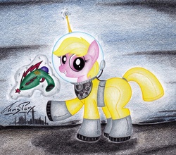 Size: 1024x901 | Tagged: safe, artist:thechrispony, oc, oc only, oc:puppysmiles, earth pony, pony, fallout equestria, fallout equestria: pink eyes, fanfic, fanfic art, female, filly, foal, gun, hazmat suit, hooves, levitation, looking at you, magic, sentenza, smiling, solo, teeth, telekinesis, traditional art, weapon