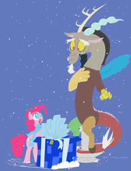 Size: 2000x2600 | Tagged: safe, artist:valcron, discord, pinkie pie, draconequus, earth pony, pony, g4, christmas, clothes, commission, crying, female, hearth's warming eve, male, present, scarf, ship:discopie, shipping, snow, snowfall, statued discord, straight