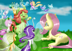 Size: 1024x723 | Tagged: safe, artist:itarra, artist:mon311, fluttershy, tree hugger, breezie, earth pony, pegasus, pony, g4, butt, duo, female, grass, mare, plot, prone, wavy mouth