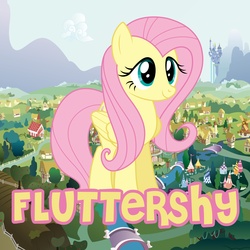 Size: 5000x5000 | Tagged: safe, artist:1nsp1r, fluttershy, pony, g4, absurd resolution, female, folded wings, giant pony, macro, name, ponyville, solo, standing