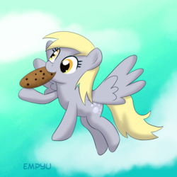 Size: 1000x1000 | Tagged: safe, artist:empyu, derpy hooves, pegasus, pony, g4, cookie, female, flying, food, mare, solo