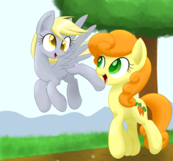 Size: 1500x1400 | Tagged: safe, artist:acersiii, carrot top, derpy hooves, golden harvest, earth pony, pegasus, pony, g4, female, looking at each other, mare, tree