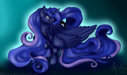 Size: 7500x4400 | Tagged: safe, artist:shadow-nights, princess luna, g4, absurd resolution, female, looking back, running, solo, spread wings