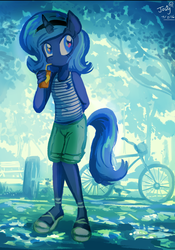 Size: 615x878 | Tagged: safe, artist:jowyb, princess luna, anthro, g4, bicycle, clothes, drinking, female, filly, food, hairband, juice, juice box, sandals, shorts, solo, tank top, woona, younger