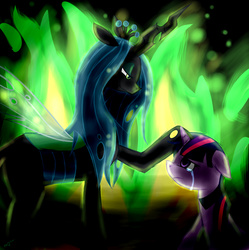 Size: 1175x1180 | Tagged: safe, artist:luna77899, queen chrysalis, twilight sparkle, alicorn, changeling, changeling queen, pony, g4, crying, female, mare, sitting, slave, transparent wings, twilight sparkle (alicorn), wings