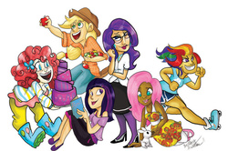 Size: 1000x662 | Tagged: safe, artist:atomicfish42, applejack, fluttershy, pinkie pie, rainbow dash, rarity, twilight sparkle, human, g4, apple, cake, clothes, dress, food, freckles, grin, humanized, lipstick, mane six, natural hair color, open mouth, roller skates, running, sitting, skirt, smiling