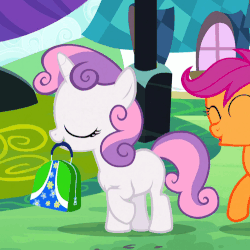 Size: 500x501 | Tagged: safe, screencap, scootaloo, sweetie belle, pony, g4, season 2, the cutie pox, animated, c:, cute, diasweetes, eyes closed, female, grin, happy, mouth hold, open mouth, smiling, spitting