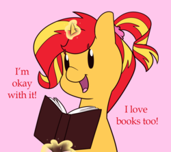 Size: 1021x908 | Tagged: safe, artist:estrill, sunset shimmer, pony, unicorn, equestria girls, g4, alternate hairstyle, askbookobsessedtwilight, book, chibi, cute, female, levitation, magic, open mouth, scrunchie, shimmerbetes, solo, telekinesis, tumblr, wrong magic color
