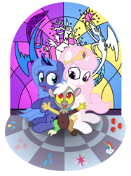 Size: 8333x11150 | Tagged: safe, artist:agamnentzar, artist:tim015, discord, princess celestia, princess luna, g4, absurd resolution, cewestia, filly, pink-mane celestia, woona, younger