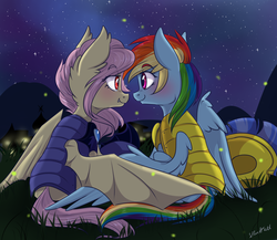 Size: 2300x2000 | Tagged: safe, artist:silbersternenlicht, fluttershy, rainbow dash, bat pony, firefly (insect), pony, g4, armor, blushing, female, flutterbat, high res, hug, lesbian, looking at each other, night, night guard, royal guard, ship:flutterdash, shipping, sitting, starry night, winghug