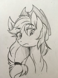 Size: 564x752 | Tagged: safe, artist:scarletskitty12, applejack, g4, female, grayscale, monochrome, simple background, solo, traditional art