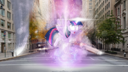 Size: 1920x1080 | Tagged: safe, artist:thegraid, twilight sparkle, alicorn, pony, g4, city, female, glowing eyes, irl, magic overload, mare, photo, ponies in real life, solo, twilight sparkle (alicorn), vector