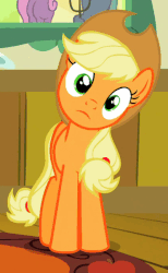 Size: 371x601 | Tagged: safe, screencap, apple bloom, applejack, granny smith, earth pony, pony, g4, the cutie pox, animated, blinking, cute, female, frown, head tilt, jackabetes, looking at you, mare, offscreen character, silly, silly pony, solo focus, who's a silly pony, wide eyes