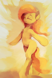 Size: 2176x3264 | Tagged: safe, artist:ruby, fluttershy, pony, g4, bipedal, eyes closed, female, high res, looking up, missing cutie mark, solo, wingless