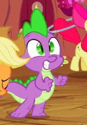 Size: 364x525 | Tagged: safe, screencap, apple bloom, applejack, spike, dragon, earth pony, pony, g4, the cutie pox, animated, female, filly, male, mare