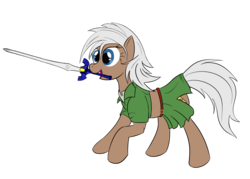 Size: 2800x2000 | Tagged: safe, artist:sethisto, earth pony, pony, belt, clothes, crossover, epona, epony, female, high res, mare, master sword, midriff, mouth hold, ponified, side slit, skirt, solo, sword, the legend of zelda, tunic, video game, weapon