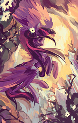 Size: 1229x1940 | Tagged: safe, artist:chio-kami, twilight sparkle, alicorn, pony, g4, female, flower, flower in hair, flying, mare, solo, twilight sparkle (alicorn), waterfall