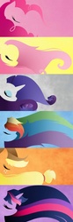 Size: 427x1280 | Tagged: safe, artist:becauseimpink, applejack, fluttershy, pinkie pie, rainbow dash, rarity, twilight sparkle, g4, eyes closed, mane six, minimalist, profile, set, windswept mane