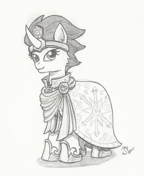 Size: 400x487 | Tagged: safe, artist:sensko, pony, unicorn, clothes, crystal empire, grayscale, mage, monochrome, pencil drawing, robe, simple background, sketch, solo, traditional art, white background