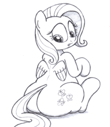 Size: 2600x3000 | Tagged: safe, artist:an-tonio, fluttershy, pegasus, pony, butt, chubby, fat, fattershy, female, flutterbutt, mare, monochrome, plot, sitting, solo, the ass was fat, traditional art