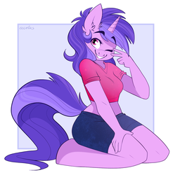 Size: 900x916 | Tagged: safe, artist:ecoelus, sea swirl, seafoam, unicorn, anthro, unguligrade anthro, g4, clothes, commission, female, kneeling, midriff, one eye closed, short shirt, shorts, solo, t-shirt, wink