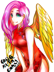 Size: 1200x1600 | Tagged: safe, artist:monochromacat, fluttershy, human, g4, cheongsam, chinese new year, clothes, female, heart eyes, humanized, solo, wingding eyes, winged humanization