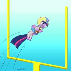 Size: 1000x1000 | Tagged: safe, artist:empyu, twilight sparkle, alicorn, pony, g4, american football, clothes, female, field goal, frown, goal, goalpost, helmet, mare, solo, tara strong, thousand yard stare, twilight sparkle (alicorn), voice actor joke, wide eyes