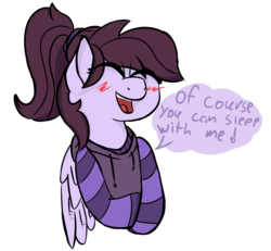 Size: 1300x1200 | Tagged: safe, artist:messenger, oc, oc only, oc:pillow case, pegasus, pony, blushing, clothes, cute, hoodie, simple background, text, transparent background