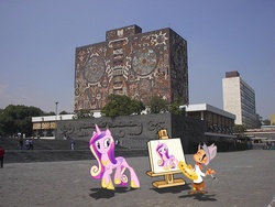 Size: 2048x1536 | Tagged: safe, artist:reaver75, princess cadance, g4, cantinflas, female, irl, male, mexico, mexico city, painting, photo, ponies in real life, pose, straight, unam, vector