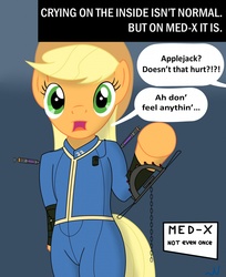 Size: 1047x1280 | Tagged: safe, artist:nuka-kitty, part of a set, applejack, earth pony, pony, semi-anthro, g4, bear trap, blood, clothes, crying inside, drug use, fallout, funny, hat, jumpsuit, med-x, not even once, ouch, pipbuck, speech bubble, text, vault suit