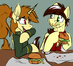 Size: 3000x2725 | Tagged: safe, artist:lining1306, artist:ralek, oc, oc only, oc:katya ironstead, oc:silver lining, alicorn, pegasus, pony, alicorn oc, burger, eating, food, hay burger, high res, laughing, messy eating, scenery