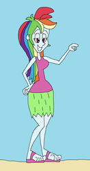 Size: 1009x1917 | Tagged: safe, artist:hunterxcolleen, rainbow dash, human, equestria girls, g4, beach, clothes, feet, female, grass skirt, hula, hula dance, huladash, humanized, one-piece swimsuit, sandals, solo, swimsuit